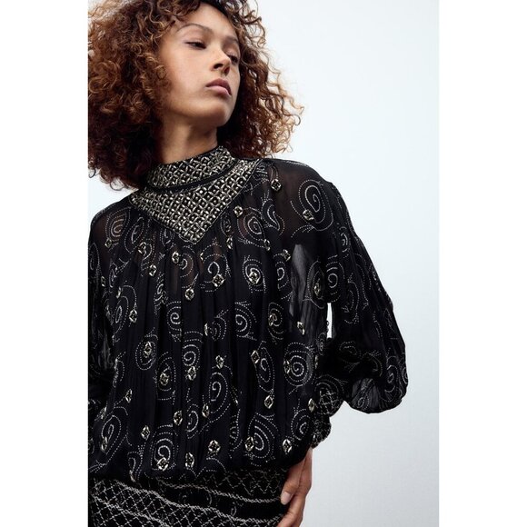 NWT Zara black & white embroidered beaded printed midi dress, M - Picture 2 of 16